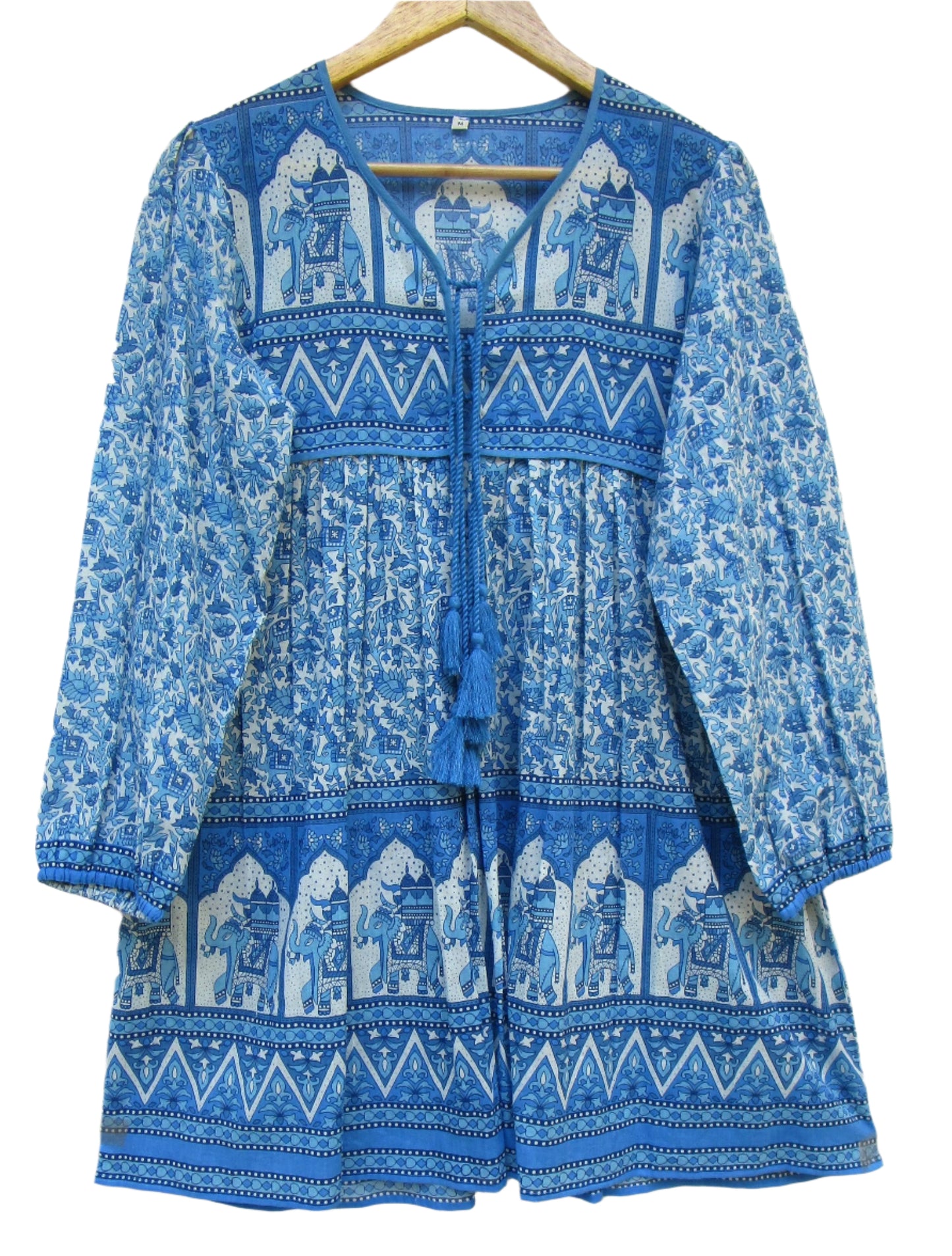 blue screen printed floral blouse with elephant print border