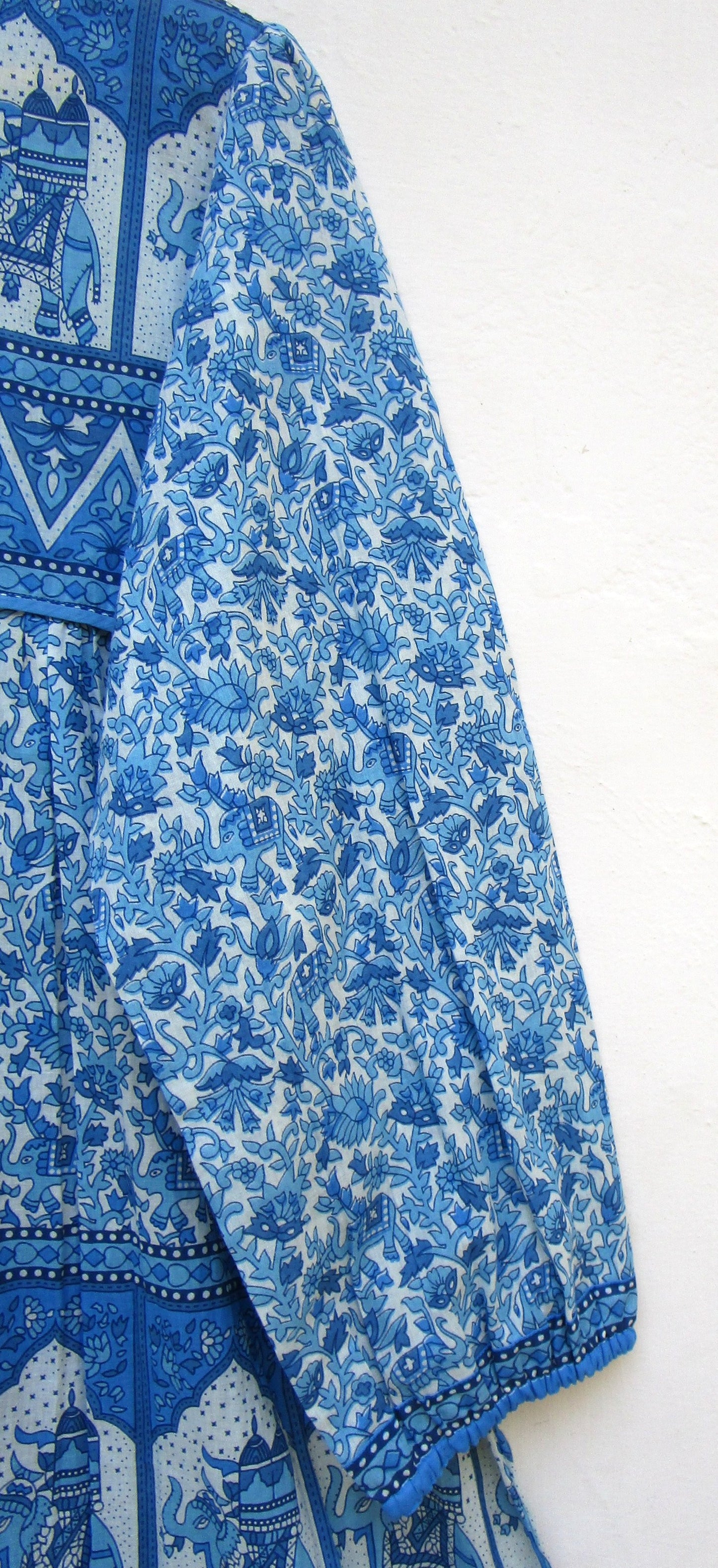 blue screen printed floral blouse with elephant print border