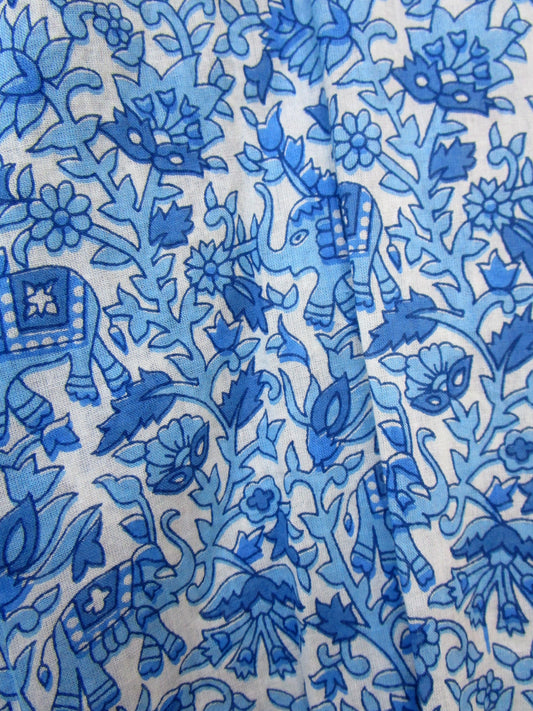 blue screen printed floral blouse with elephant print border