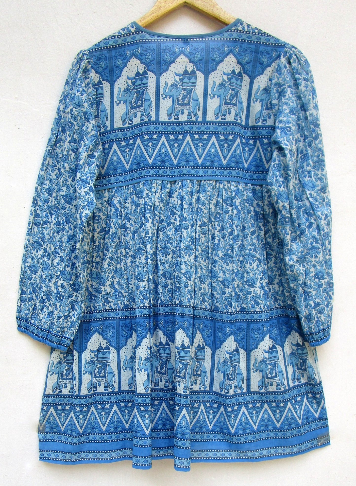 blue screen printed floral blouse with elephant print border