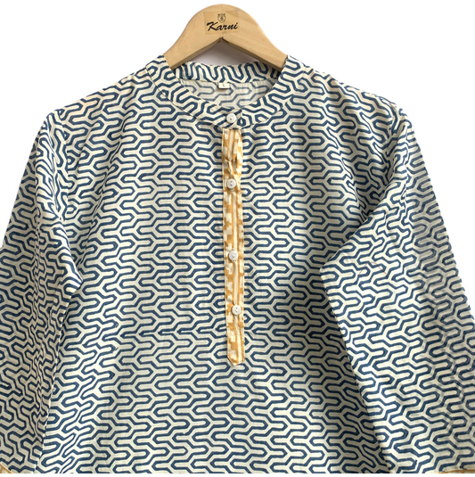 Indigo Geometric Hand Block Printed Cotton Kurta – Women’s Indian Tunic Dress