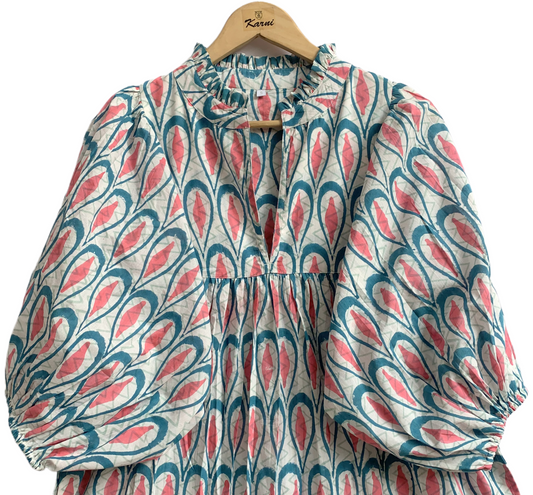 Teal Block Print Cotton Puff Sleeve Tiered Dress