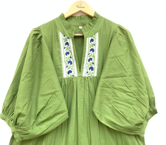 Olive Green Cotton Maxi Dress – Puff Sleeve Tiered Boho Long Dress with Floral Block Print Border