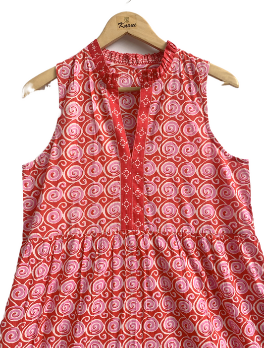 Red Printed Cotton Tiered Midi Dress – Sleeveless Boho Summer Dress