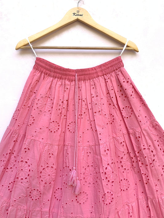 Pink Eyelet Cotton Maxi Skirt – Tiered Boho Elastic Waist Summer Skirt