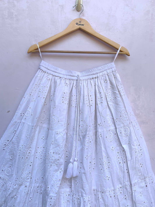 White Eyelet Cotton Maxi Skirt – Tiered Boho Elastic Waist Summer Skirt