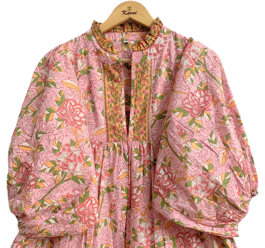 Blush Pink Floral Block Print Cotton Dress – Boho Tiered Maxi Dress