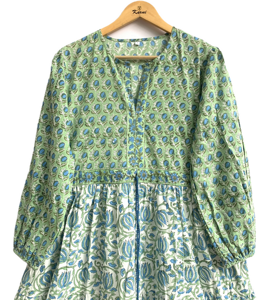 Green Blue Floral Hand Block Printed Cotton Maxi Dress – Boho Indian Long Dress