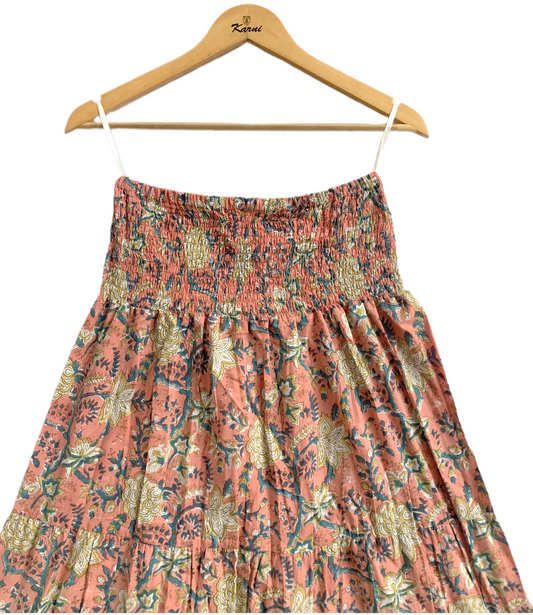 Peach Floral Hand Block Printed Cotton Skirt – Smocked Waist Tiered Boho Maxi Skirt