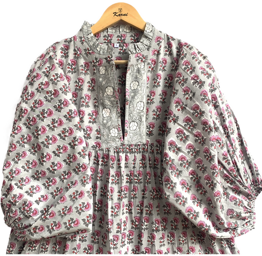Grey Pink Floral Hand Block Printed Cotton Maxi Dress – Tiered Boho Women’s Dress
