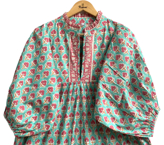 Aqua Green Block Print Cotton Maxi Dress – Relaxed Boho Dress