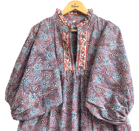 Grey blue Floral Hand Block Printed Cotton Maxi Dress – Indian Boho Tiered Long Dress