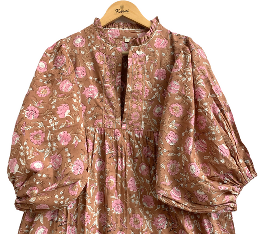 Brown Pink Floral Hand Block Printed Cotton Maxi Dress – Indian Boho Tiered Long Dress