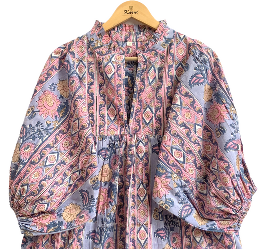 Dusty Blue Pink Block Print Cotton Maxi Dress – Puff Sleeve Boho Tiered Dress