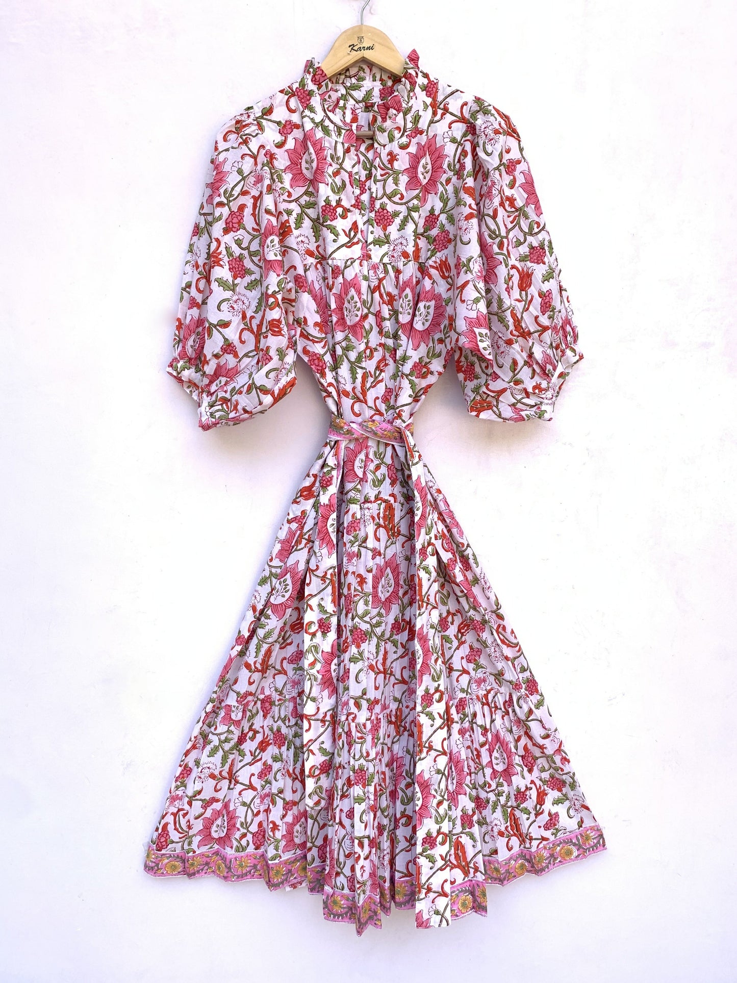 cotton pink green jungle printed women's maxi dress