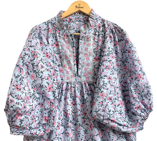 Grey Blue Pink Floral Hand Block Printed Cotton Maxi Dress – Indian Boho Tiered Long Dress