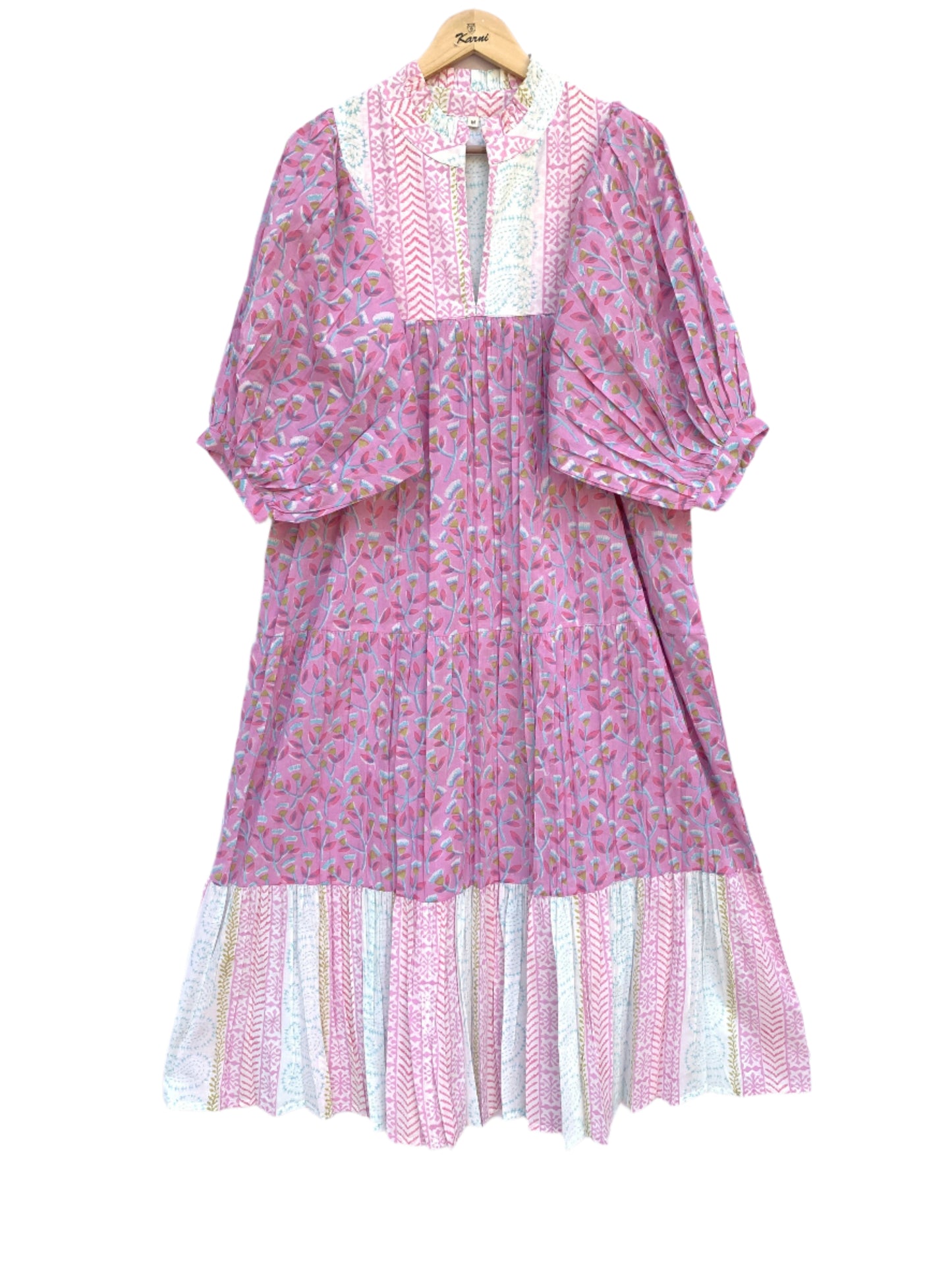 indian pink blue floral hand block printed women's maxi dress