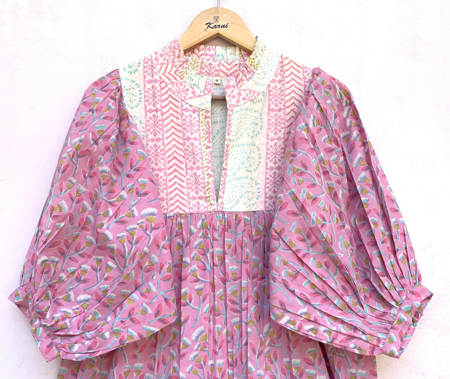 indian pink blue floral hand block printed women's maxi dress