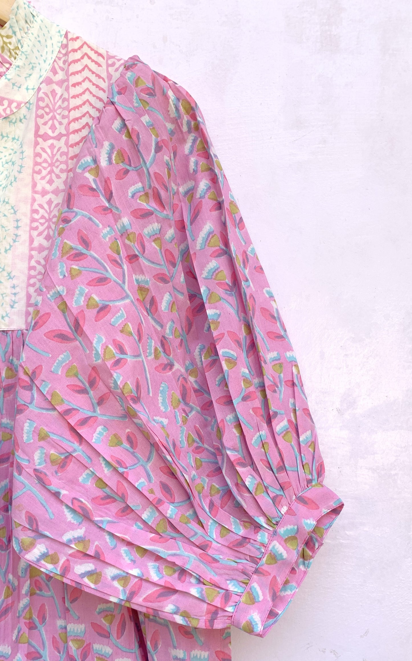 indian pink blue floral hand block printed women's maxi dress