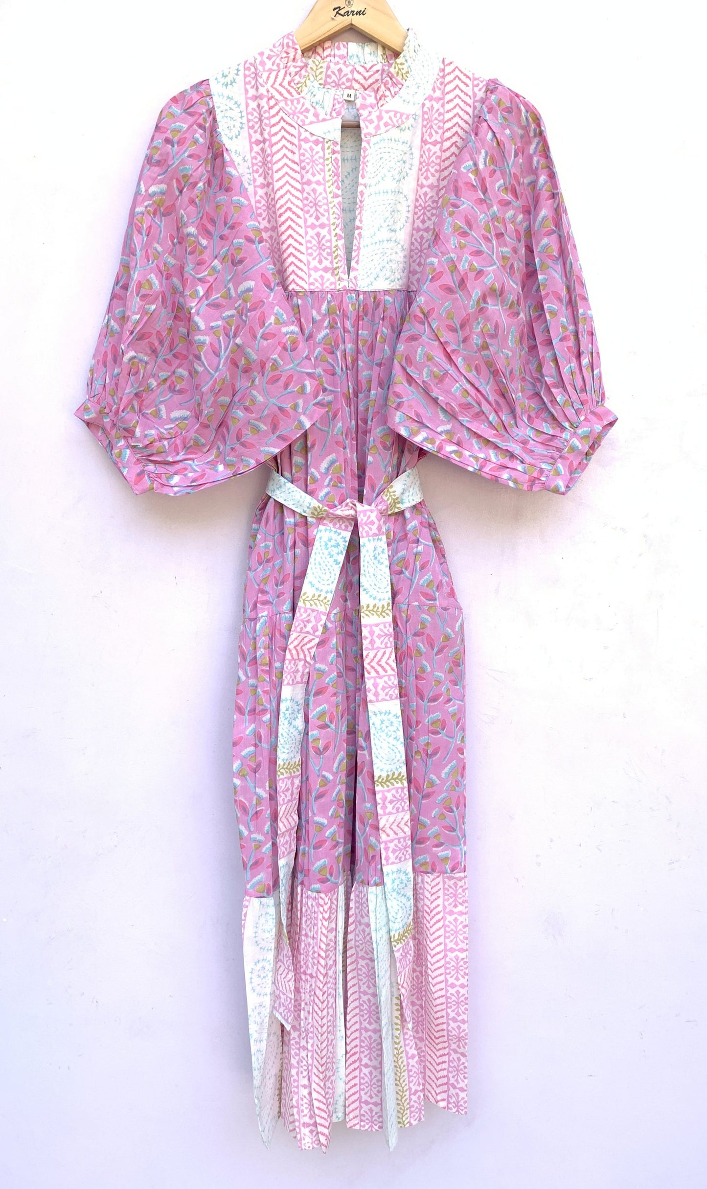 indian pink blue floral hand block printed women's maxi dress