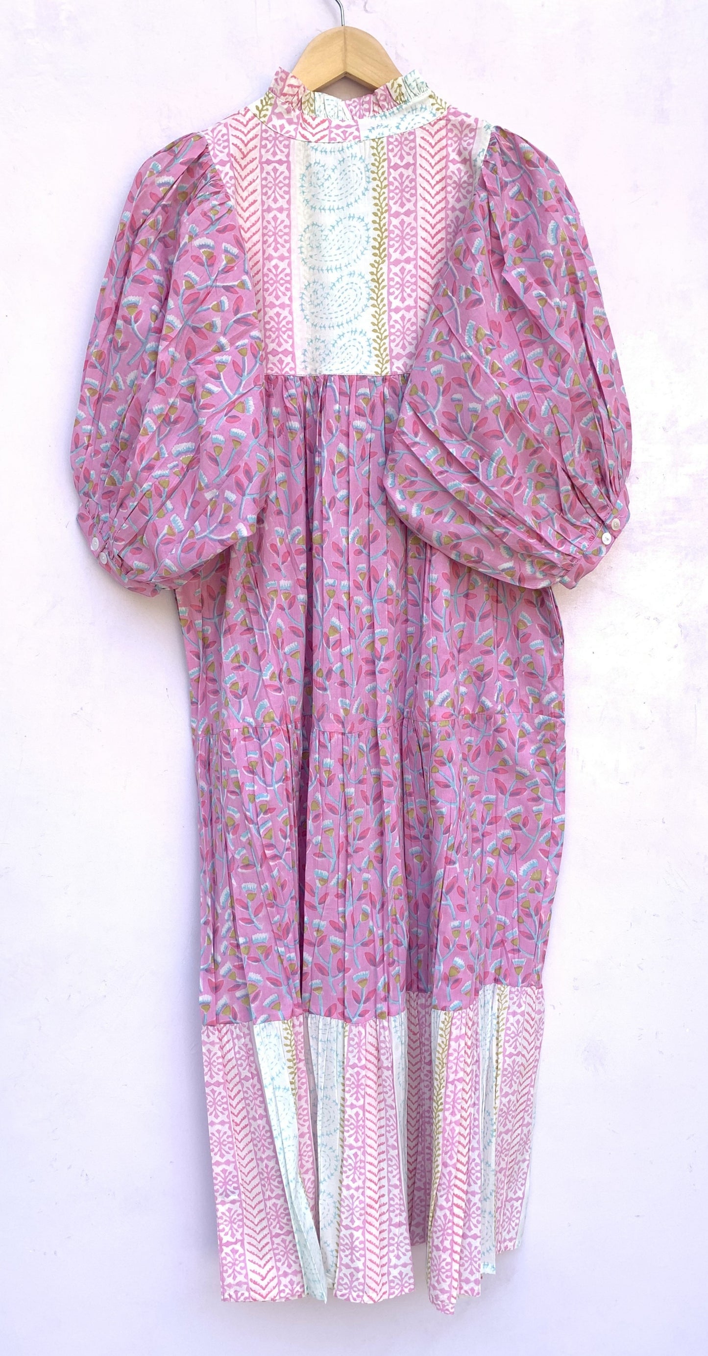 indian pink blue floral hand block printed women's maxi dress