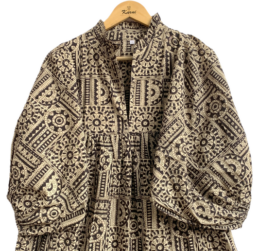 Black Beige Geometric Hand Block Printed Cotton Maxi Dress – Boho Tiered Indian Long Dress