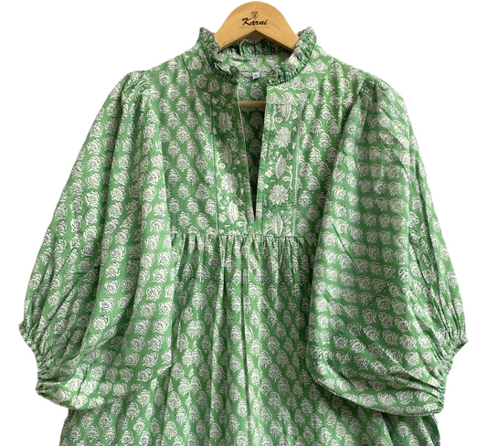 Sage Green Floral Hand Block Printed Cotton Maxi Dress – Indian Boho Tiered Puff Sleeve Dress