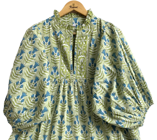 Sage Green Blue Floral Hand Block Printed Cotton Maxi Dress – Boho Tiered Indian Long Dress