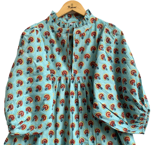Aqua Rust Motif Hand Block Printed Cotton Maxi Dress – Boho Tiered Indian Long Dress