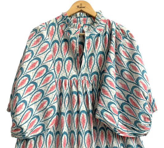 Teal Coral Leaf Hand Block Printed Cotton Maxi Dress – Indian Boho Tiered Long Dress