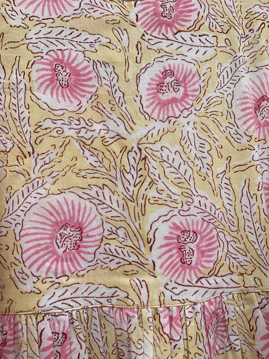 summer yellow pink floral hand block printed women's maxi dress