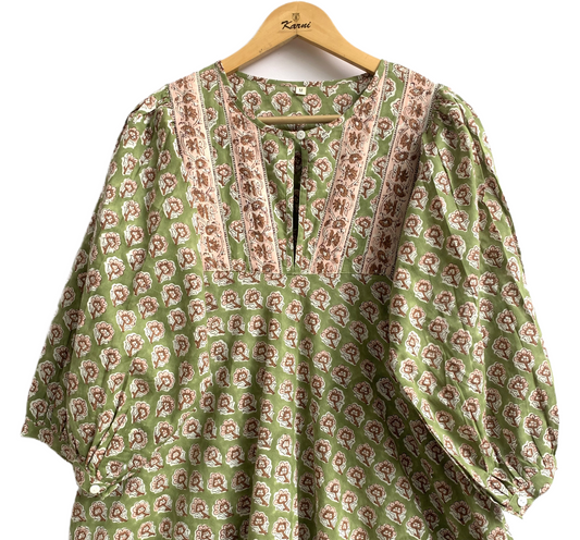 Olive Green Floral Block Print Cotton Maxi Dress – Indian Boho Long Dress