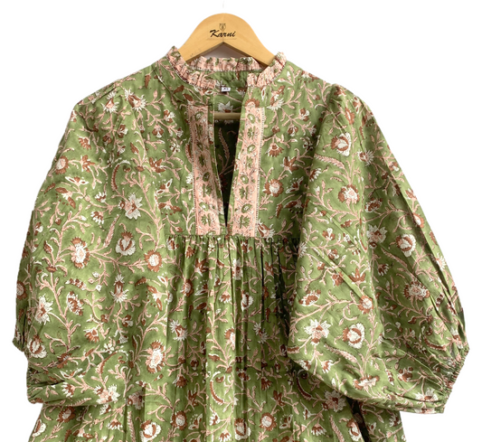 Olive Green Floral Block Print Cotton Maxi Dress – Indian Boho Long Dress