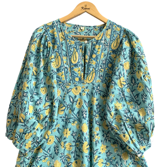 Aqua Blue Hand Block Printed Cotton Maxi Dress – Indian Boho Tiered Dress