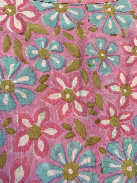 pink blue multi floral block printed women's maxi dress