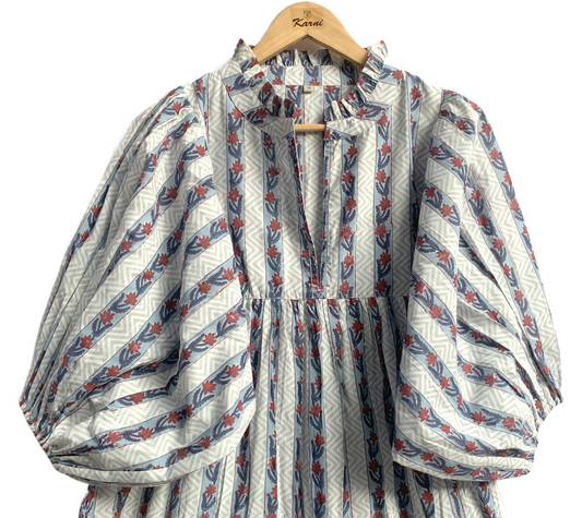 Blue Red Striped Hand Block Printed Cotton Midi Dress – Puff Sleeve Boho Indian Dress