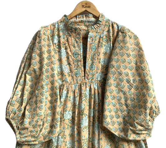 Beige Blue Floral Hand Block Printed Cotton Midi Dress – Puff Sleeve Boho Indian Dress
