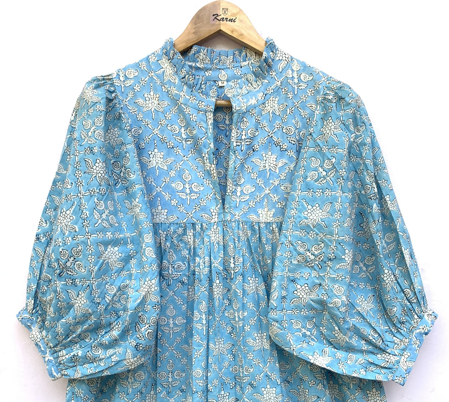 summer cotton blue floral pattern block printed women's maxi dress