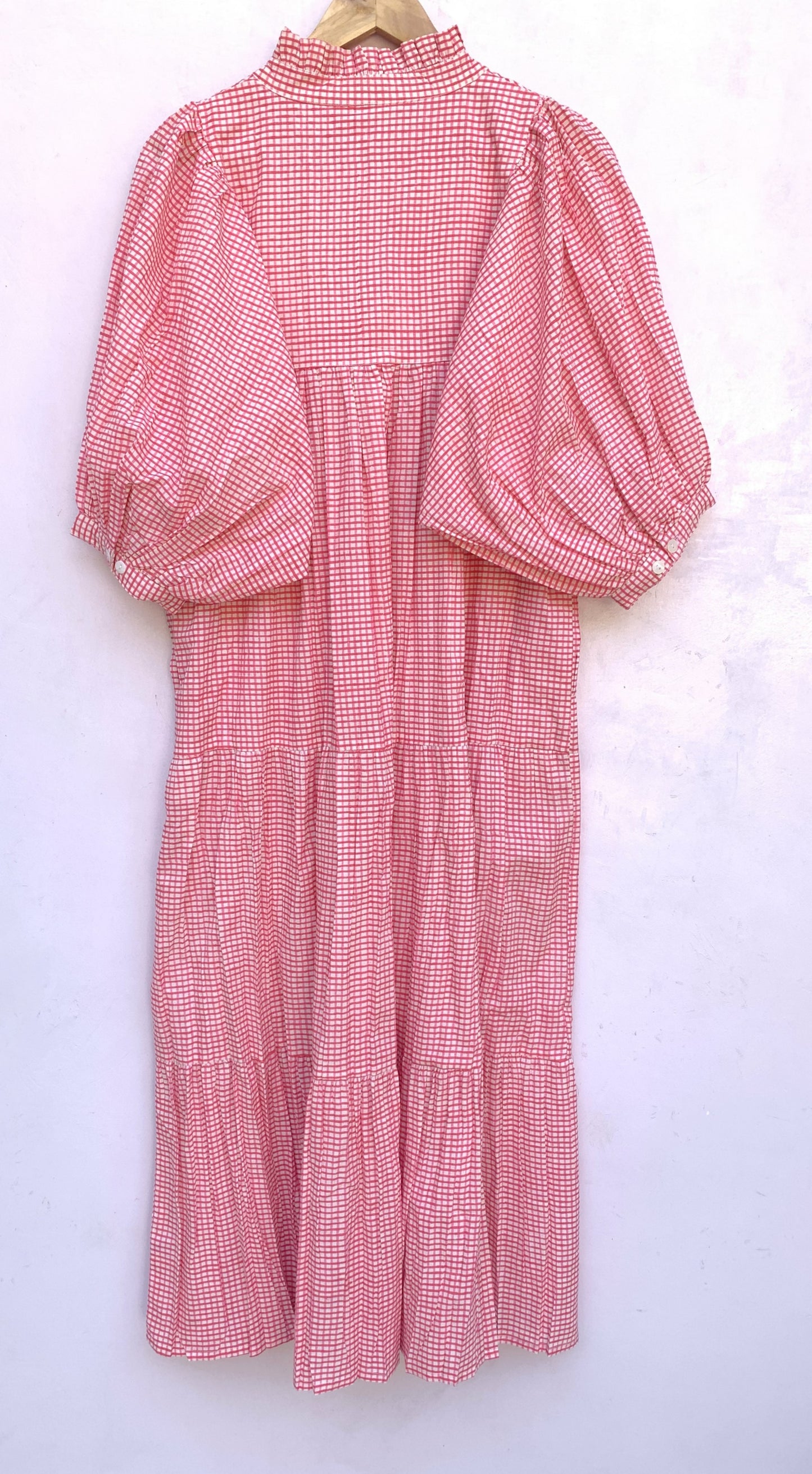 cotton pink checks printed women's long maxi dress - frill collar with belt maxi dress