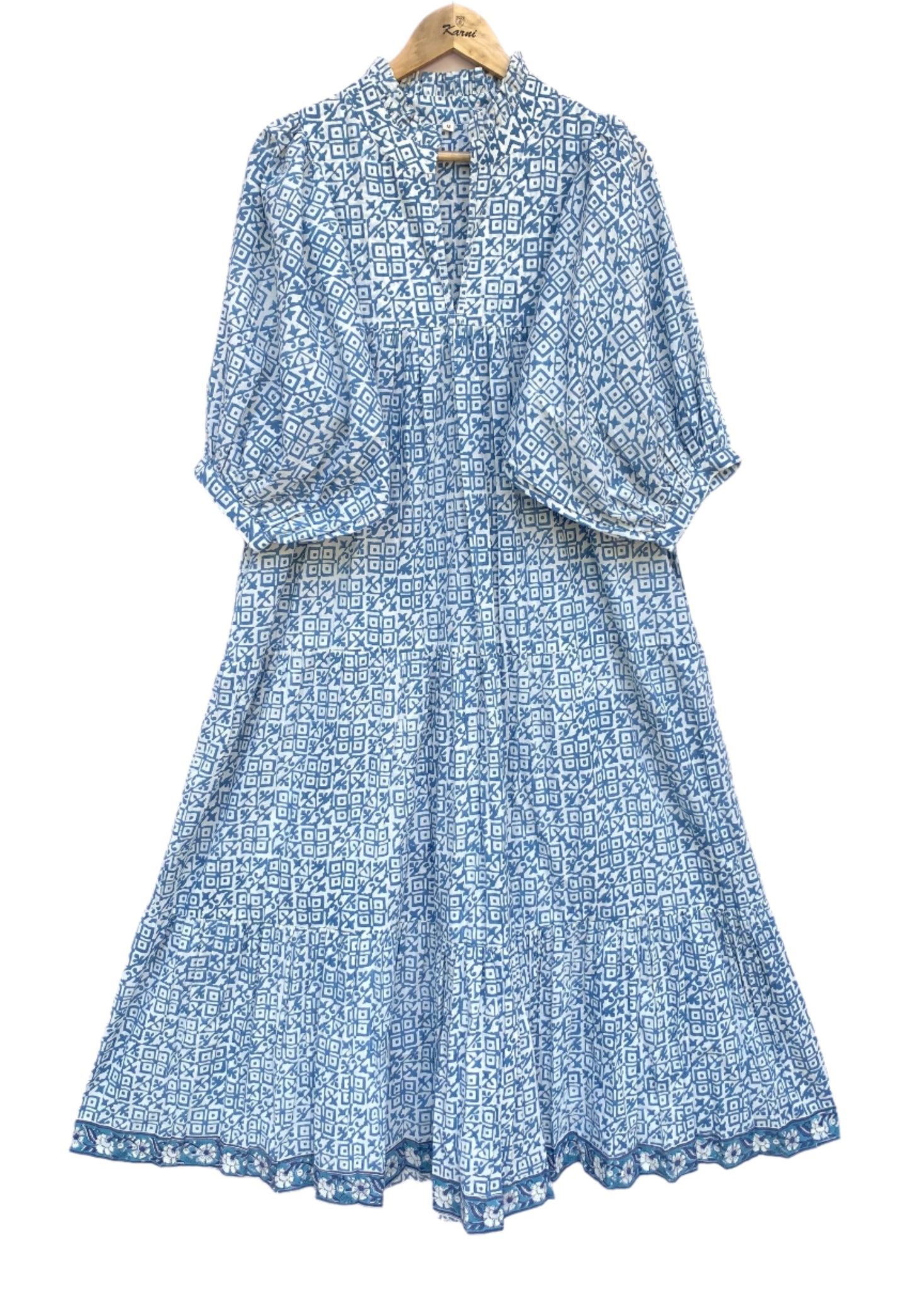 indian blue geometrical pattern block printed women's maxi dress