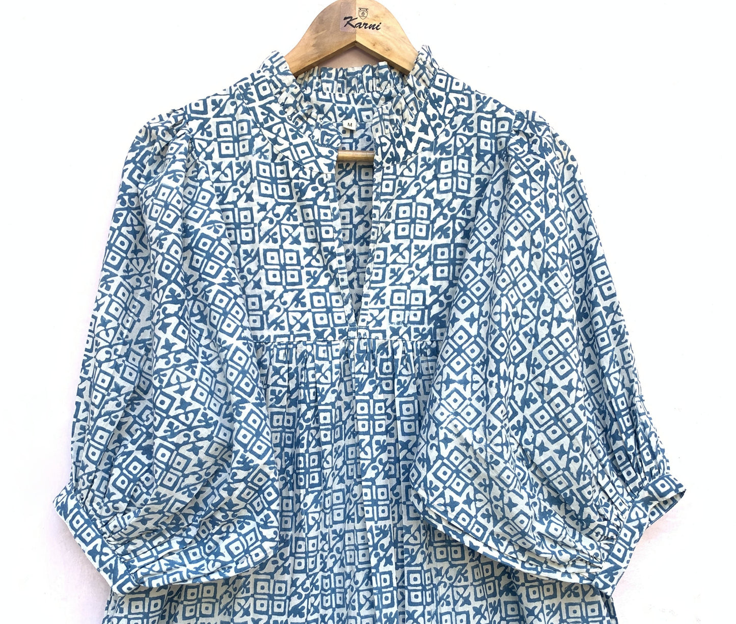 indian blue geometrical pattern block printed women's maxi dress
