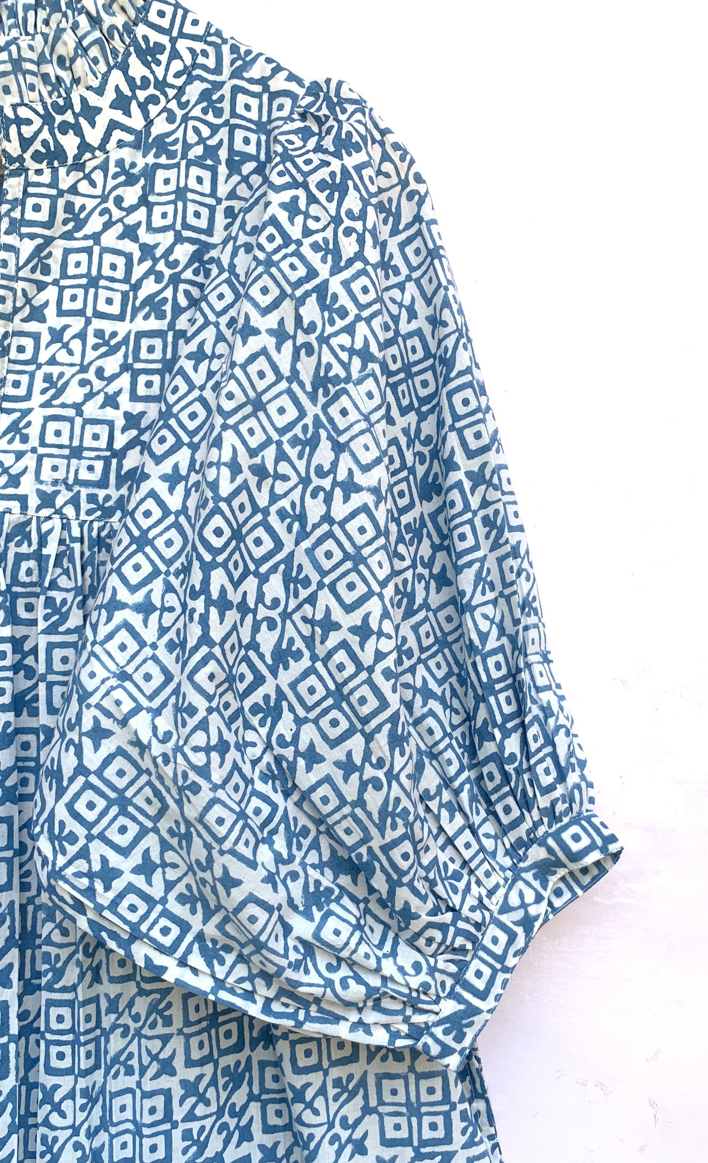 indian blue geometrical pattern block printed women's maxi dress