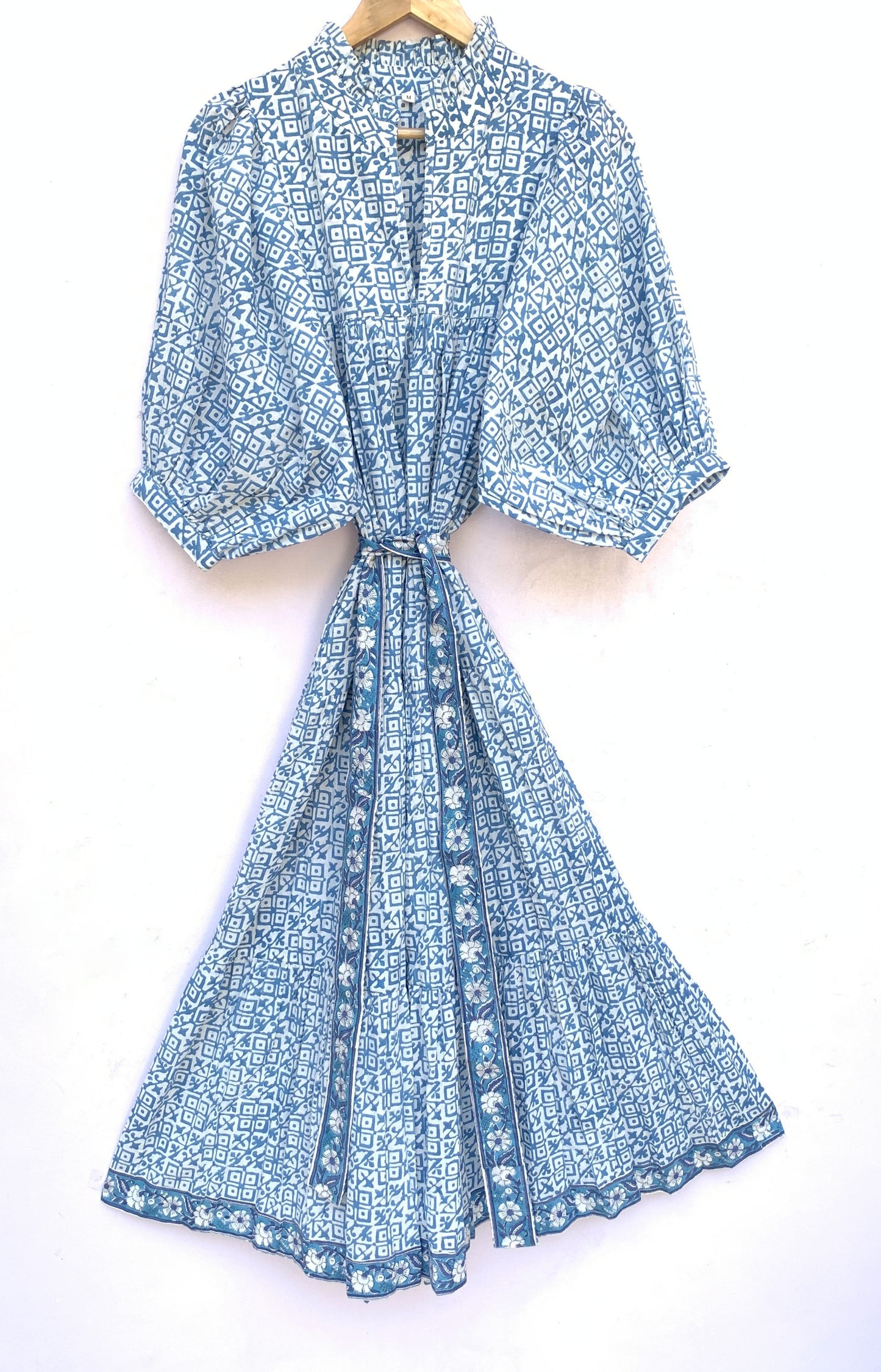 indian blue geometrical pattern block printed women's maxi dress