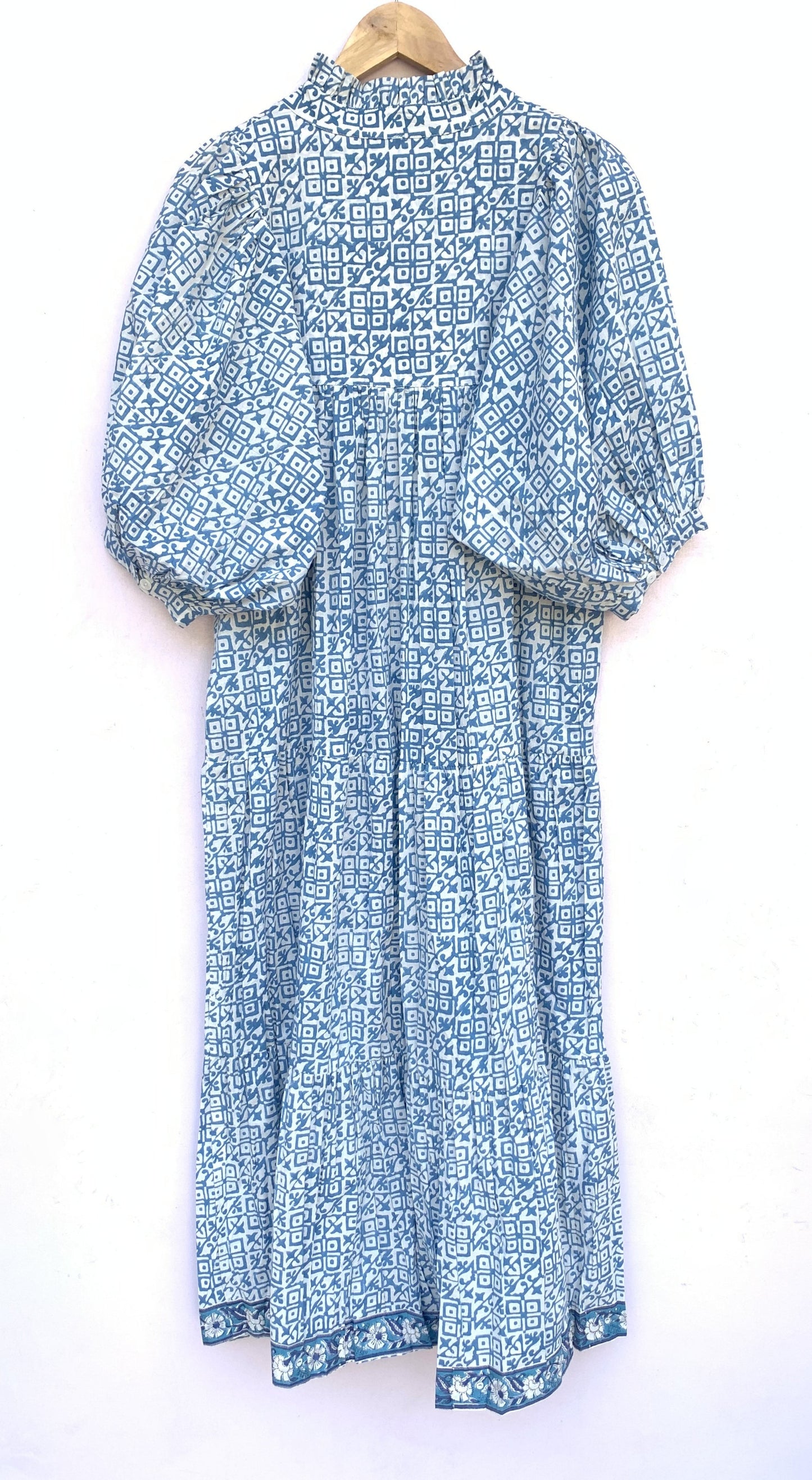 indian blue geometrical pattern block printed women's maxi dress