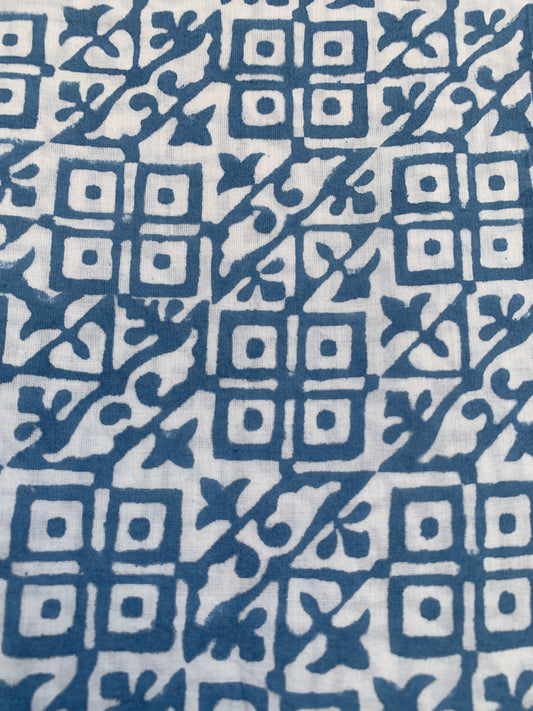 indian blue geometrical pattern block printed women's maxi dress