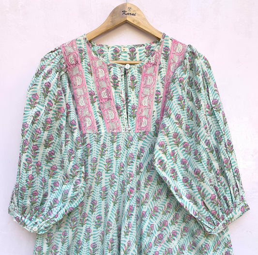 cotton blue-pink floral block printed women's maxi dress