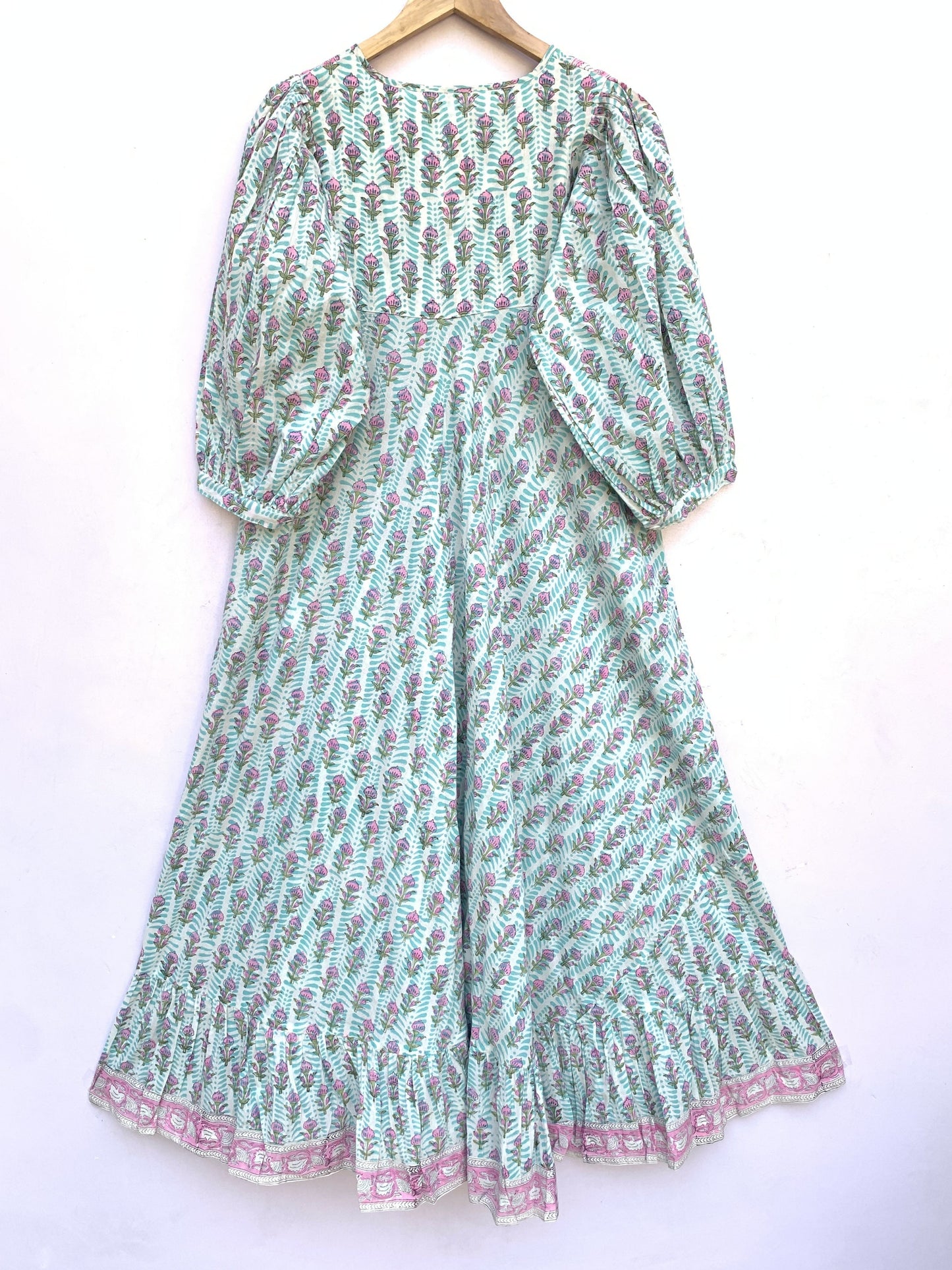 cotton blue-pink floral block printed women's maxi dress