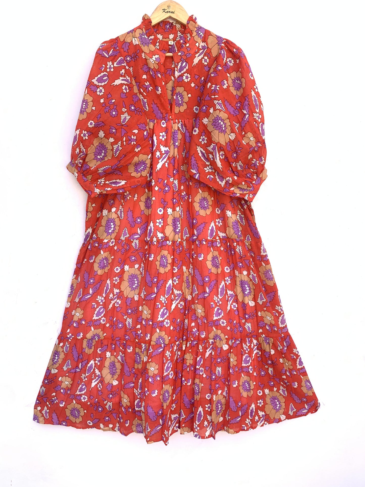 cotton red purple floral screen printed women's maxi dress