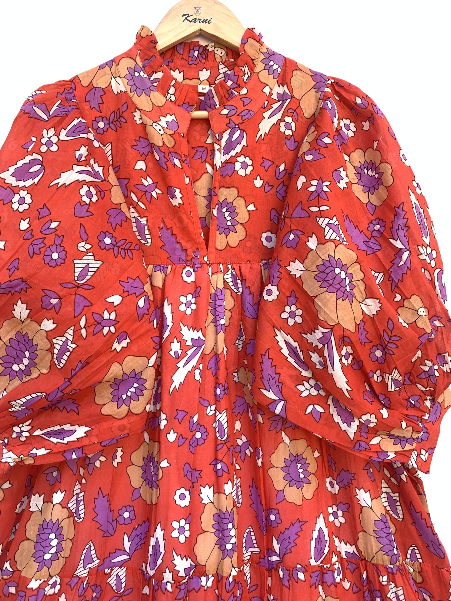cotton red purple floral screen printed women's maxi dress