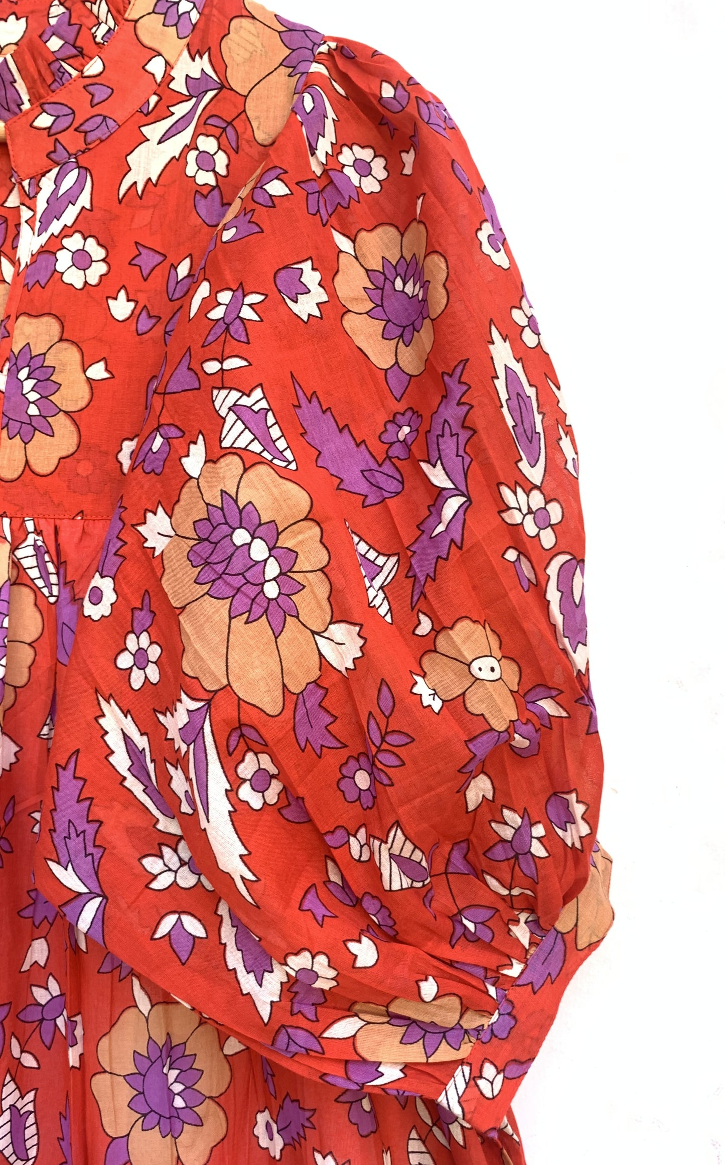 cotton red purple floral screen printed women's maxi dress